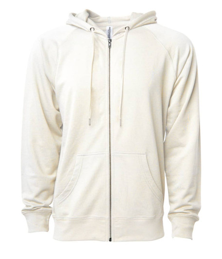 A unisex lightweight zip hoodie in cream colour, featuring a hood and front pockets, with a logo.