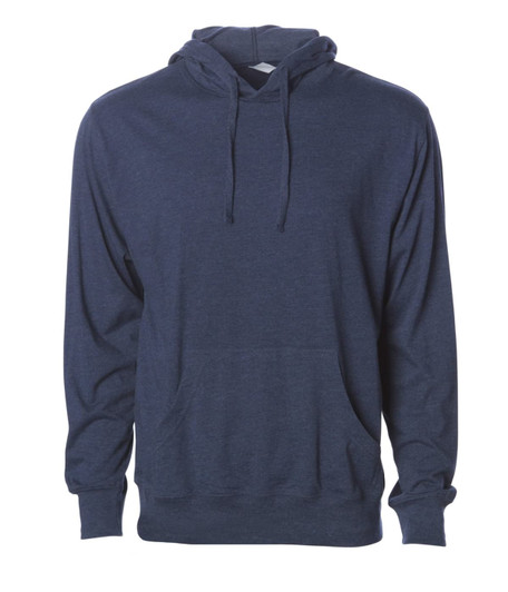 A men's jersey pullover hood in navy blue with a front pouch pocket and a drawstring hood. It features a logo.