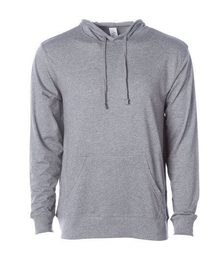A grey men's jersey pullover hood with a front pouch pocket and drawstring hood. It has a branding logo on it.