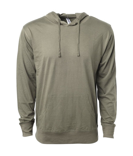 A men's jersey pullover hood in olive green featuring a front pocket and drawstrings on the hood.
