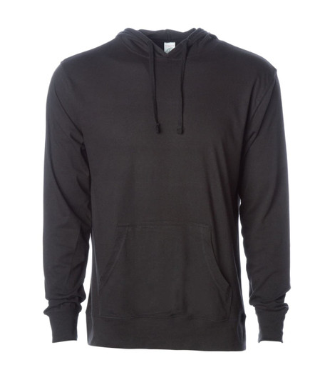 A black men's jersey pullover hood with a front pocket and drawstring hood. Features a branding logo.