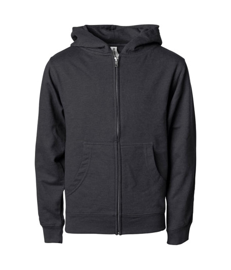 A black zip-up hoodie for boys featuring a kangaroo pocket and a hood. It has a simple design and a logo.