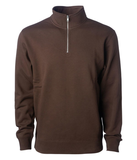 A brown midweight quarter zip jumper with a high collar and a zippered neck. It features long sleeves and a casual design.