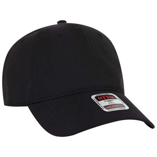 A black 6 panel low profile style baseball cap with a logo on the front and a curved brim.