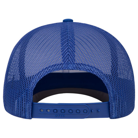 A blue mid-profile trucker hat featuring a mesh back and an adjustable strap.
