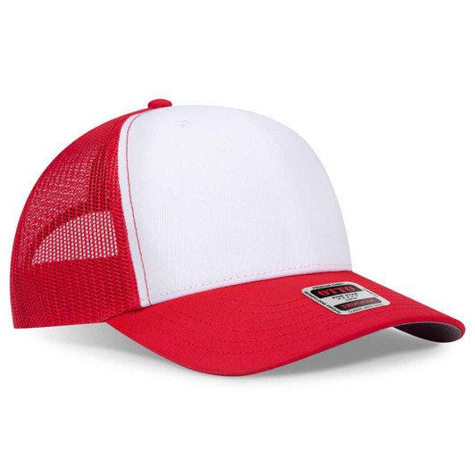 A red and white trucker cap with a mesh back and a branded patch on the front.