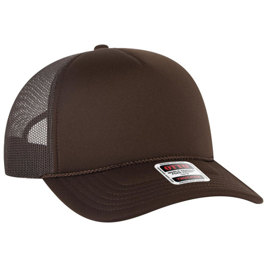 A brown 5 panel low profile trucker cap featuring a mesh back and a branding label on the front.