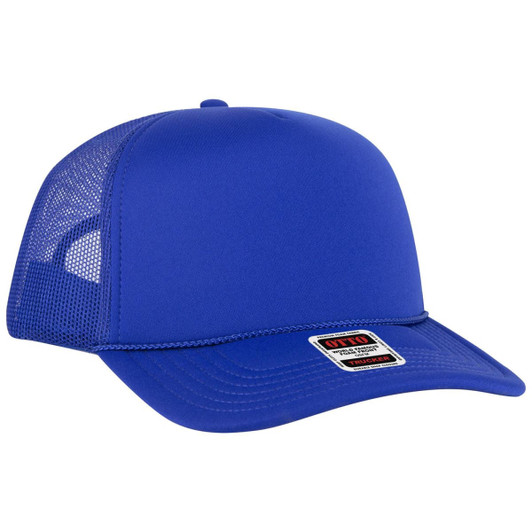 A blue 5 panel high crown trucker cap with a mesh back and a branded label on the front.