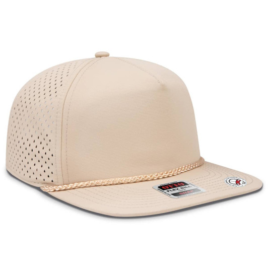 A beige 5 Panel Pro Style Snapback Hat with a textured crown and a braided detail on the brim.