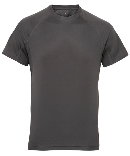 A grey panelled tech T-shirt featuring short sleeves and a classic crew neckline. It has a logo on the chest.