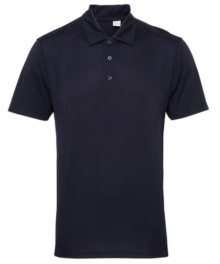 A navy panelled polo shirt featuring a collar and three buttons, with a logo on the chest area.
