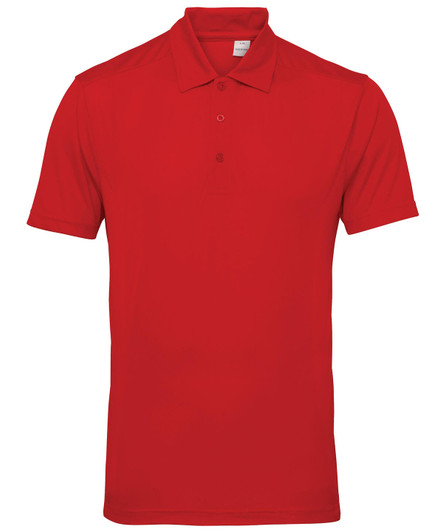 A red panelled polo shirt with a classic collar and short sleeves, featuring a logo on the chest.