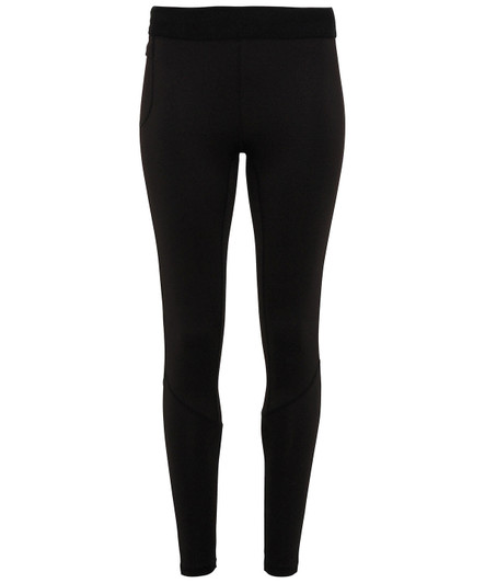Black training leggings with a fitted design and a logo on the waistband.