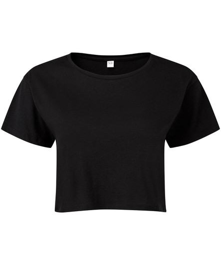 A black crop top with a round neckline and short sleeves, featuring a label inside.
