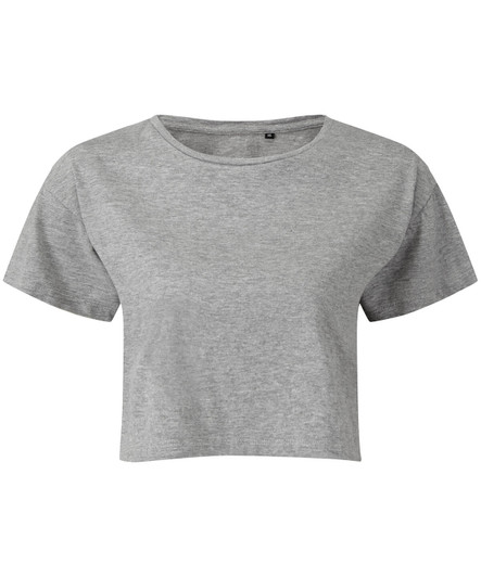 A grey crop top with short sleeves and a round neckline, featuring a simple design and branding.