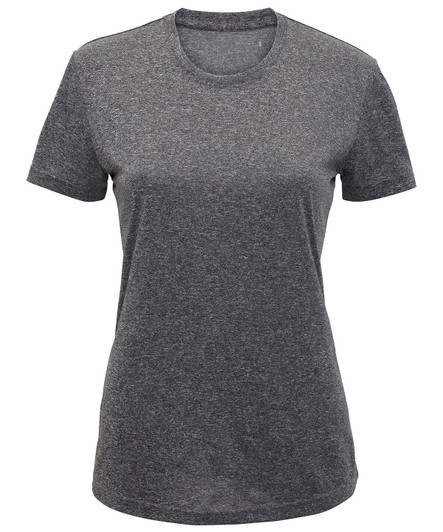 A grey performance t-shirt with a round neckline and short sleeves. It has a simple design and includes a logo.