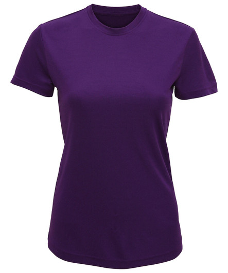A purple performance T-shirt with a round neckline and short sleeves, featuring a simple design.