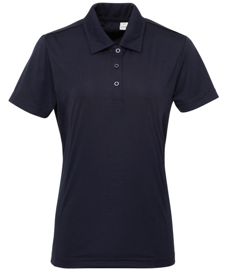 A panelled polo in navy blue, featuring a collared neckline and button placket. It includes a logo on the garment.