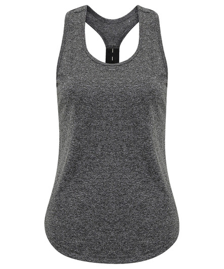 A grey strap-back vest featuring a racerback design and a subtle texture. It has a logo on the back.