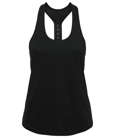 A black performance strap back vest featuring a racerback design and a logo.