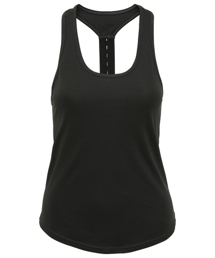 A black performance strap back vest featuring a racerback design and a fitted silhouette.