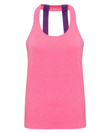 A pink back vest featuring double straps in purple. The product has a logo feature.