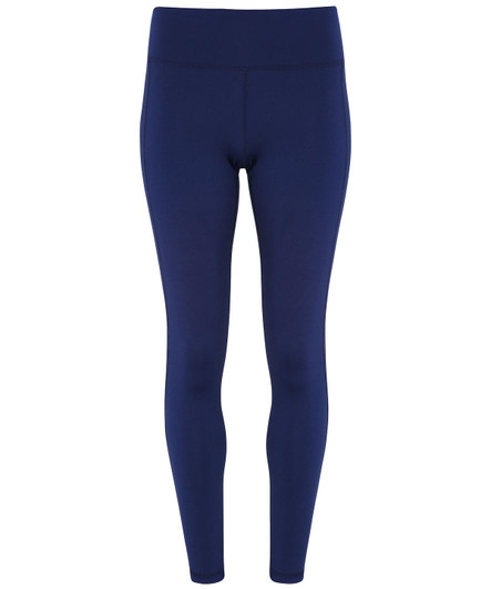 Navy performance leggings with a high waistband and a sleek, fitted design. Features a branding logo.