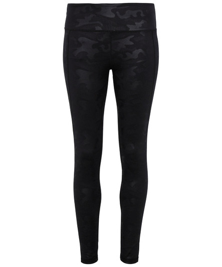 Full-length black leggings featuring a camouflage pattern and a branded logo on the waistband.