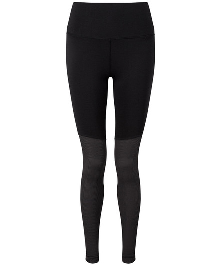 Black yoga leggings featuring a high waistband and mesh panel details. The design includes a branding logo.