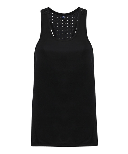 A black vest featuring laser cut detailing, with a sleeveless design and a scoop neckline. It has a logo.