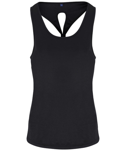 A black yoga vest with a unique open back design and a logo on the front.