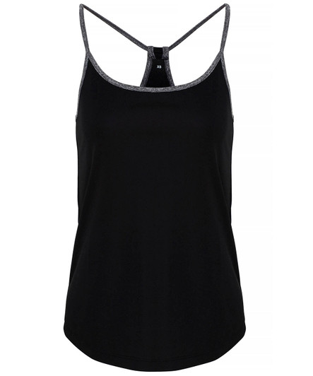 A yoga vest in black with a contrasting grey trim and thin straps, featuring a logo on the back.