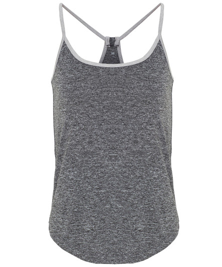 A grey yoga vest with a racerback design and subtle texture. It features a logo on the inside label.