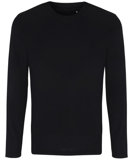 A long sleeve performance t-shirt in black, featuring a simple design and a logo on the shirt.