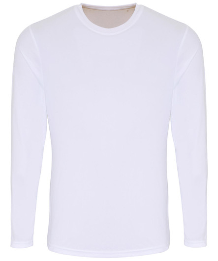 A white long sleeve performance t-shirt featuring a classic round neckline and a logo on the sleeve.