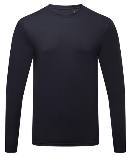 A long sleeve performance t-shirt in solid black, featuring a simple design and a logo.