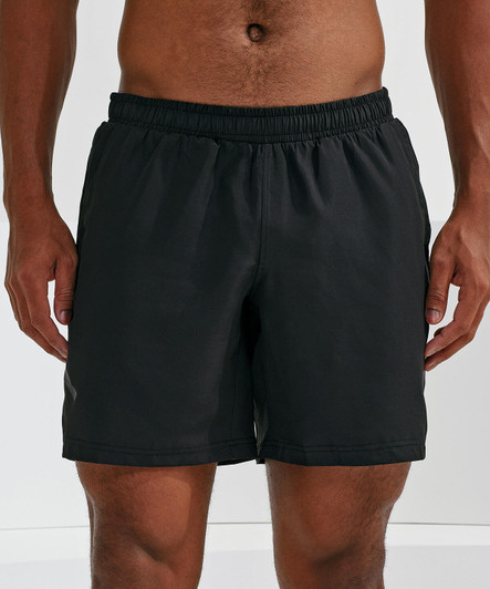 Black training shorts with an elastic waistband, featuring a simple design and lightweight fabric.