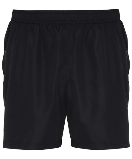 Black training shorts featuring an elastic waistband and side pockets, with a logo on the front.