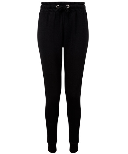 A pair of fitted joggers in black with an elastic waistband and ankle cuffs. The joggers have drawstring details.