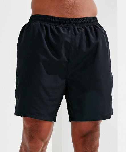 Black running shorts with an elastic waistband. The shorts feature a simple design and a relaxed fit.