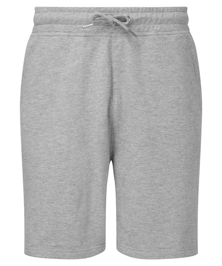 Jogger shorts in a light grey colour with an elasticated waistband and drawstring for adjustment. Features a logo.