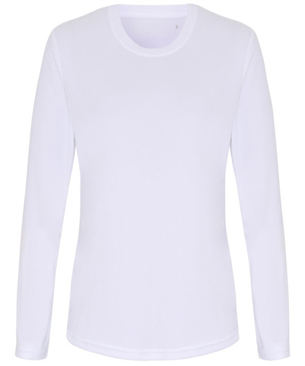 A long sleeve performance T-shirt in white, featuring a round neckline and a smooth fabric finish.