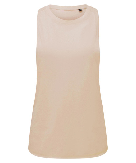 A sleeveless organic tank top in a light beige colour, featuring a simple design and a branded label.