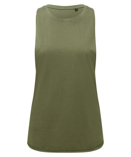 An olive green organic tank top with a round neckline and no sleeves, featuring a logo.