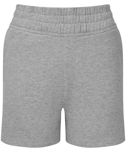 A pair of grey jogger shorts featuring an elastic waistband, with a simple and comfortable design.