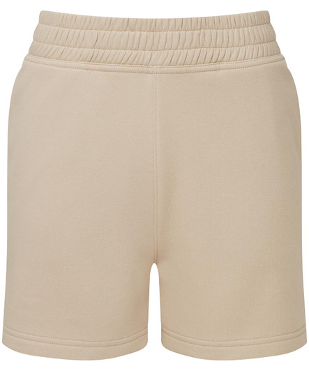 Beige jogger shorts featuring an elastic waistband and a simple design. Includes a logo on the waistband.