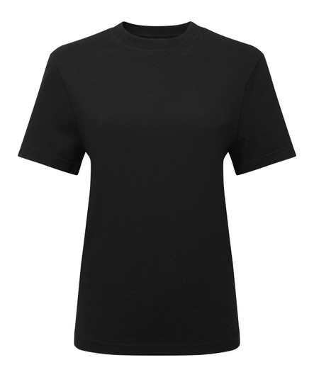 A black oversized t-shirt with short sleeves and a crew neckline. The shirt has a logo.