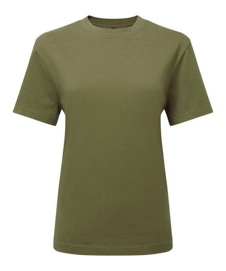 An olive green organic boxy oversized T-shirt with short sleeves and a simple design. It features a logo.