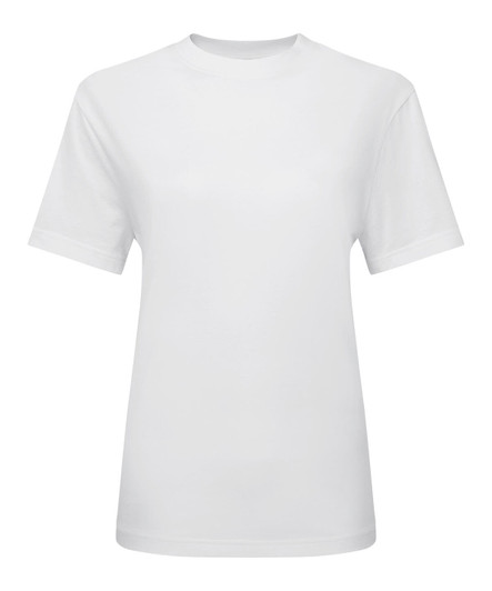 A white oversized t-shirt with short sleeves, featuring a simple design and a logo.