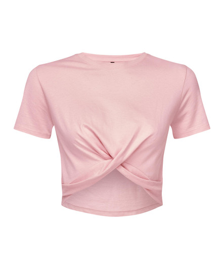 A pink twist crop top featuring a knot detail at the front, short sleeves, and a relaxed fit.